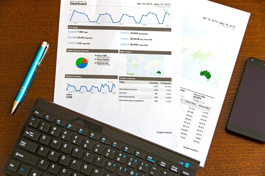 Google Analytics analysis and review Flatlay of a business analytics report, keyboard, pen, and smartphone on a wooden desk.